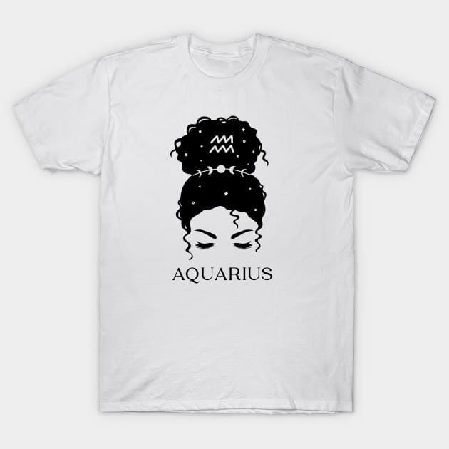 Messy Bun Celestial Queen: Aquarius Zodiac Sign T-Shirt by The Cosmic Pharmacist